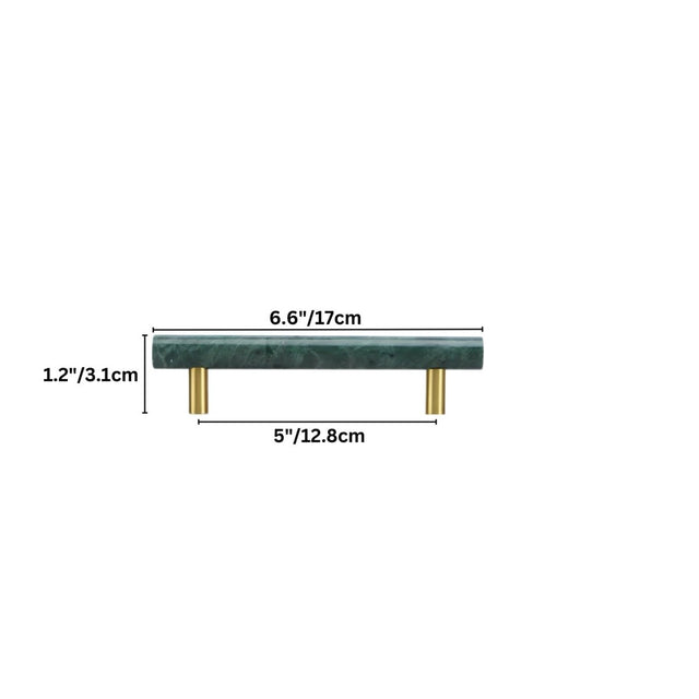 "Dimensions of a green marble and brass pull bar for cabinetry and furniture."