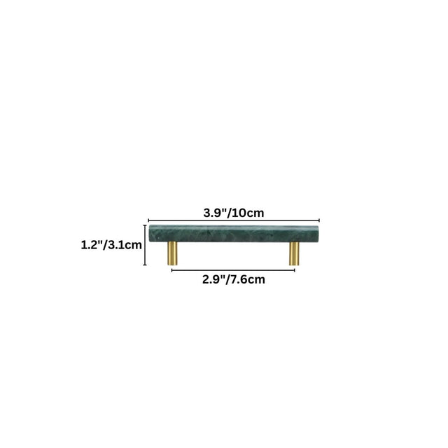 "Dimensions of a green marble and brass pull bar, suitable for cabinetry and furniture."