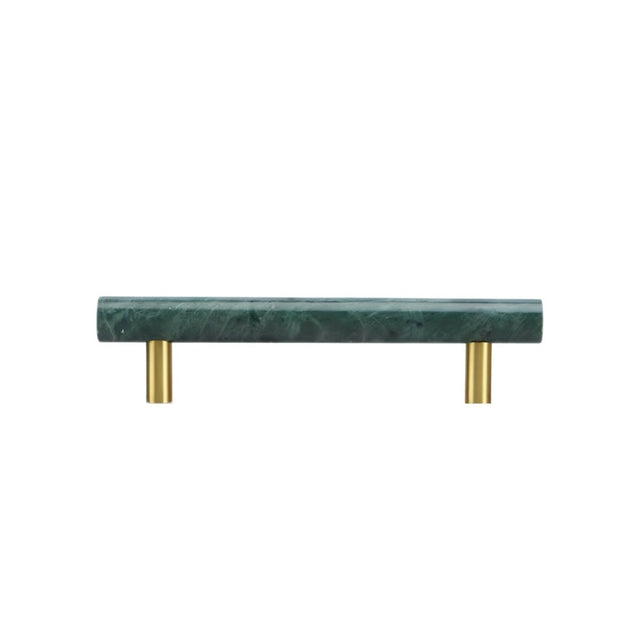 "A green marble pull bar with polished brass mounts, suitable for modern cabinetry."