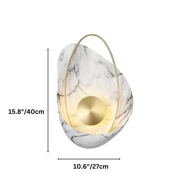 "Dimensions of modern resin wall lamp with gold sphere and metal hoop: 15.8 inches (40 cm) height, 10.6 inches (27 cm) width."