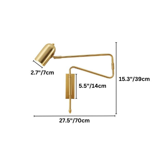 "Gold adjustable arm bedside reading lamp with dimensions."