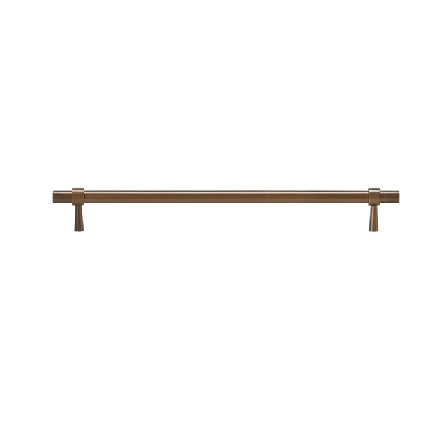 "Long antique brass pull bar with cylindrical design and subtle accents, isolated on a white background."