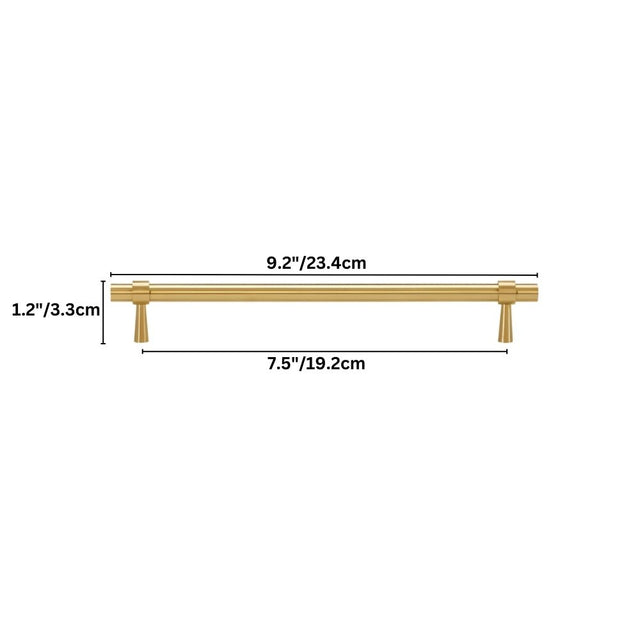 "Dimensions of a gold brass pull bar: 9.2 inches in length, 1.2 inches in height, and 7.5 inches in center-to-center hole spacing."