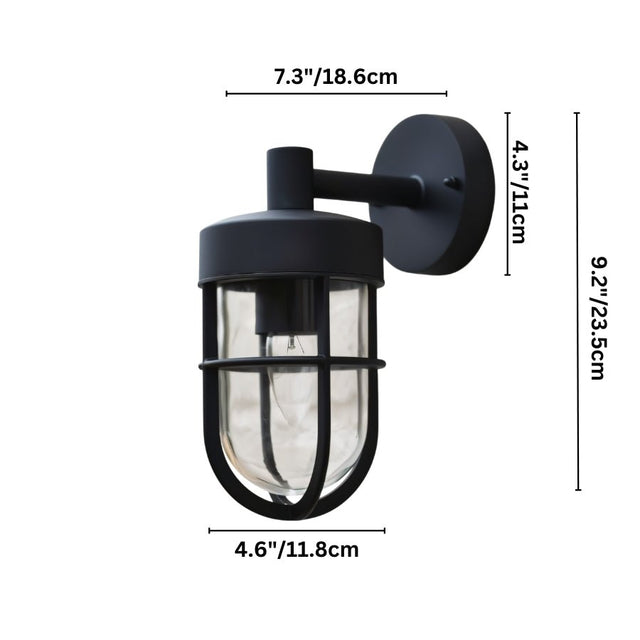 "Black outdoor wall lamp with a cylindrical glass casing, showing dimensions in inches and centimeters on a white background."