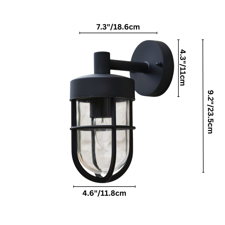 "Black outdoor wall lamp with a cylindrical glass casing, showing dimensions in inches and centimeters on a white background."