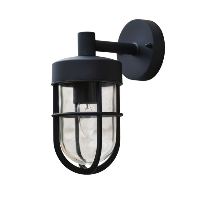 "Black Siam outdoor wall lamp with a cylindrical glass casing, isolated on a white background."