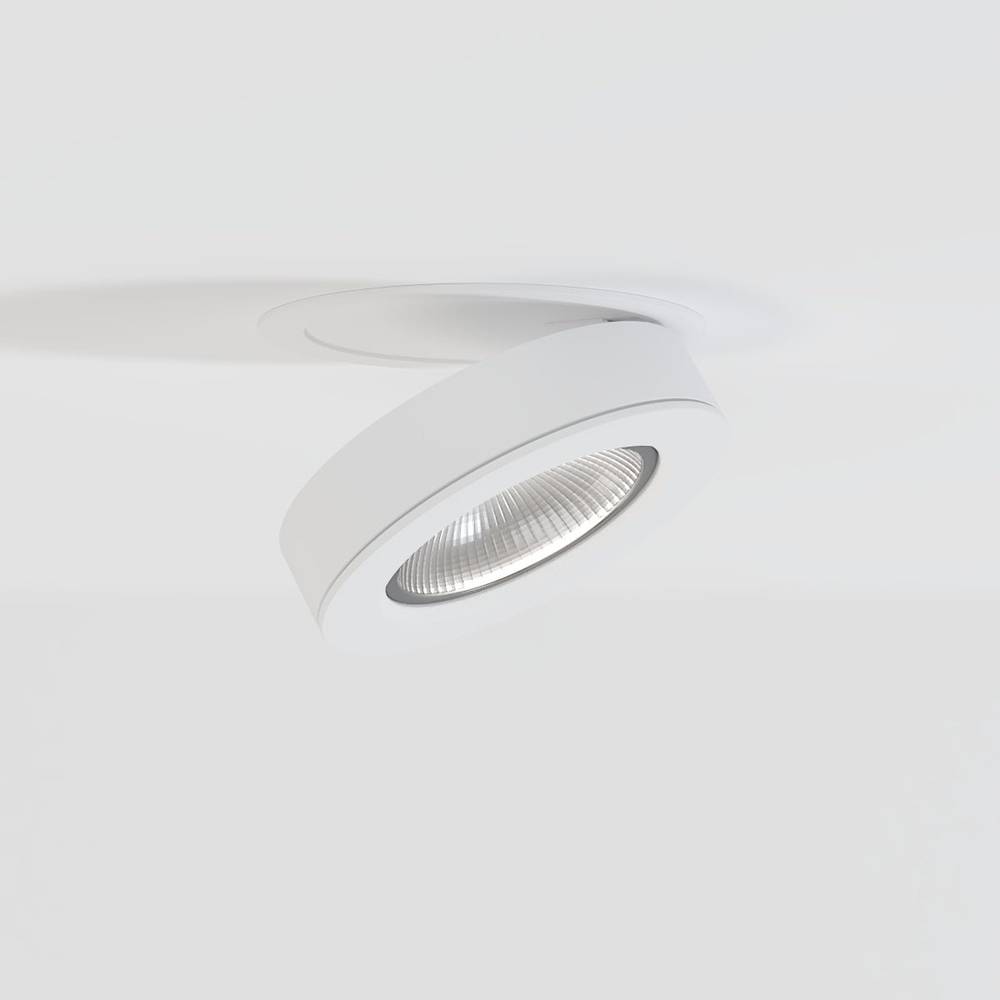 White curved downlight fixture with reflective lens mounted on ceiling.