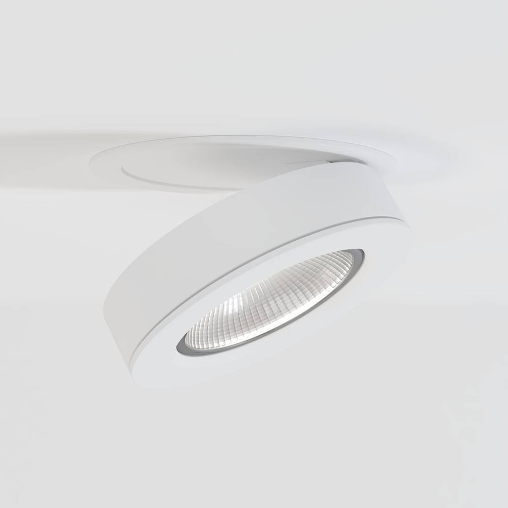 White recessed downlight with adjustable trim and reflective lens mounted on ceiling.