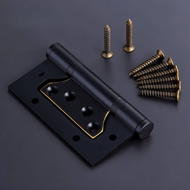 "A black brass door hinge with gold screws, shown on a dark background."