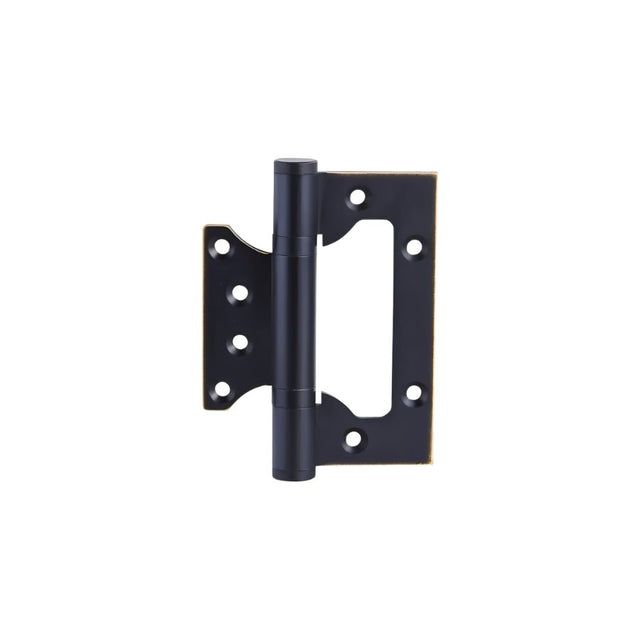 "A black brass door hinge with a reinforced design and multiple screw holes, isolated on a white background."
