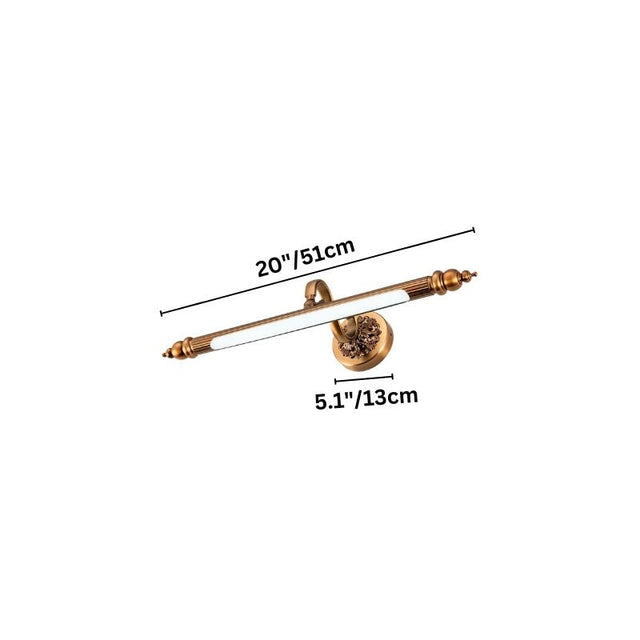 "Dimensions of a retro copper wall lamp with an elegant rod-shaped light fixture, 20 inches in width and 5.1 inches in depth."