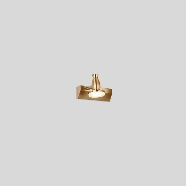 "A single-head vanity light in a brushed gold finish, isolated on a light background."