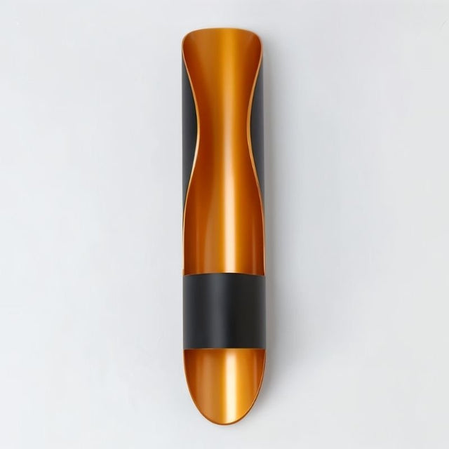 "Modern single-tube wall lamp with a flame-inspired design and a contrasting black and gold finish."