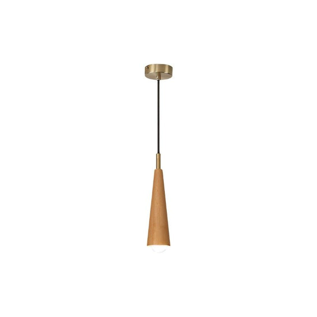 "A log wood pendant light with a sleek, conical shape and subtle copper accents."