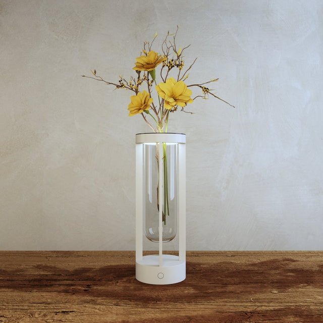 Modern Svetu Waterproof Rechargeable Pendant Table Lamp in white, featuring integrated LED and floral decor for cozy bedroom or living room ambiance.