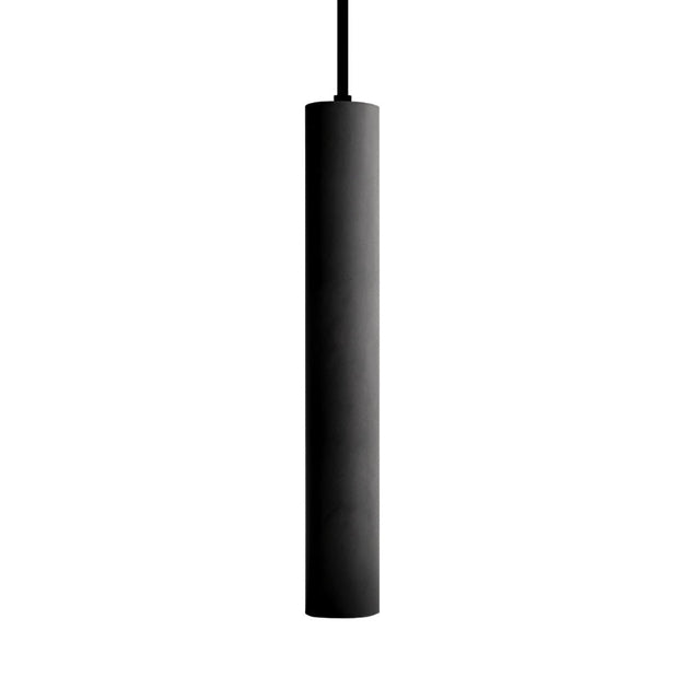 "A black cylindrical pendant light hanging from a black cord, isolated on a white background."