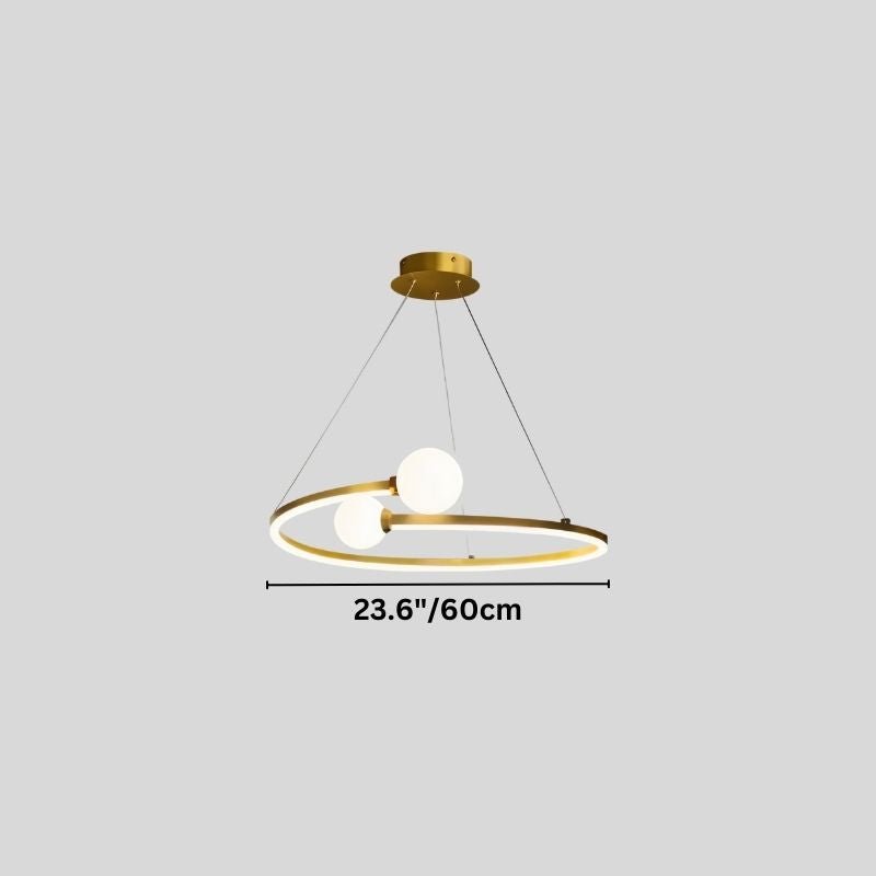 "A gold circular chandelier with two white spherical diffusers, showing a width of 23.6 inches."