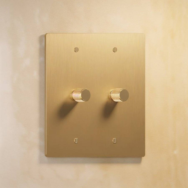Two-gang light brass rotary dimmer switch with textured knobs, part of The Brass 3-Way Rotary Dimmer Switch Open Box collection.