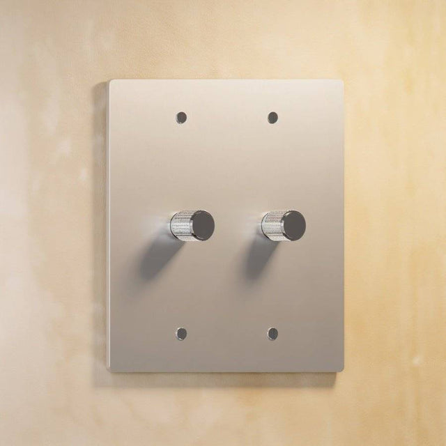 Two-gang silver rotary dimmer switch with polished chrome knobs, ideal for contemporary lighting systems.