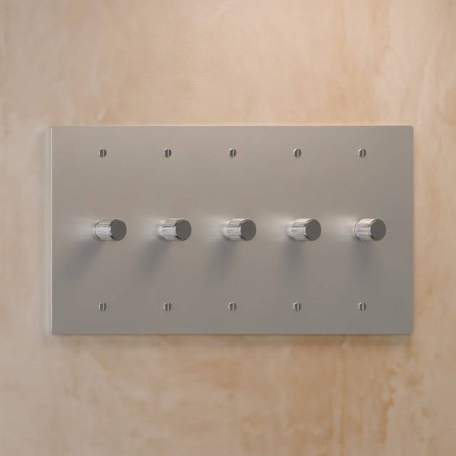 Five-gang The Brass Dimmer Switch - Open Box in silver, designed for sleek and functional lighting control.