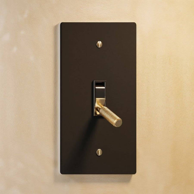 Single gang The Brass Toggle Switch (1 to 5 Gang) - Open Box in matte black with brass toggle, combining modern and classic design elements.