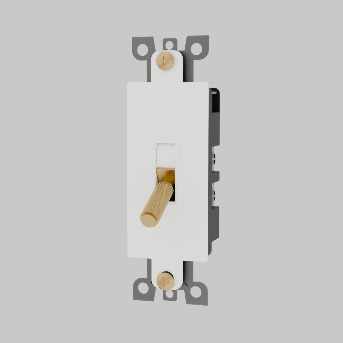 White and brass toggle light switch with decorative knurled handle detail