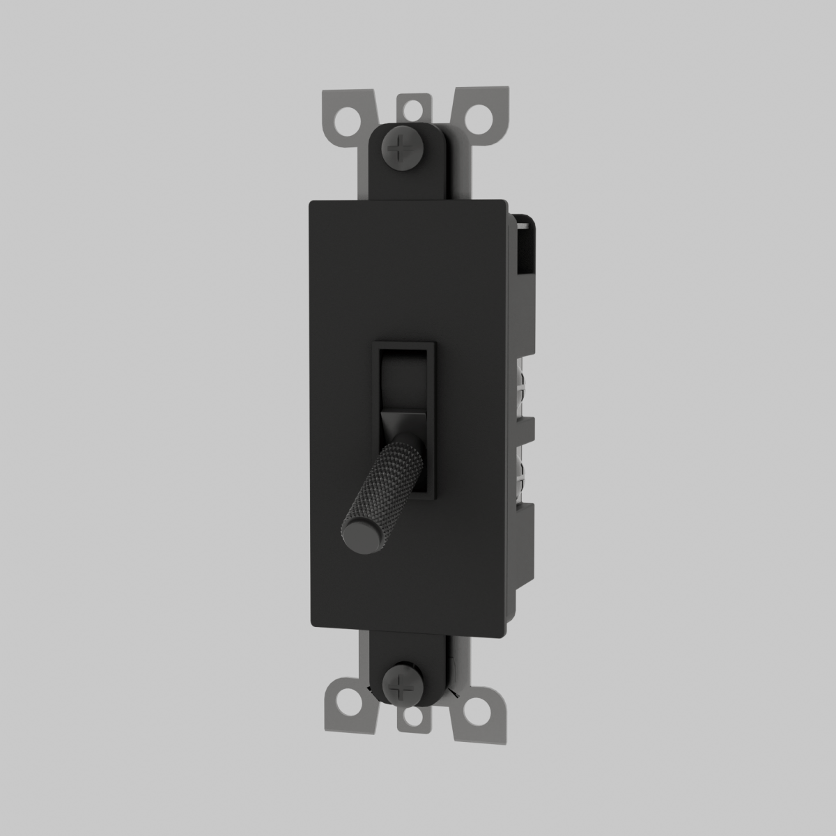 Black decora toggle switch with textured handle and metal mounting bracket