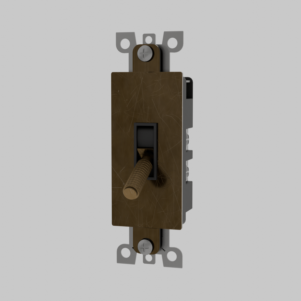 Antique brass toggle light switch with textured cover plate and mounting hardware