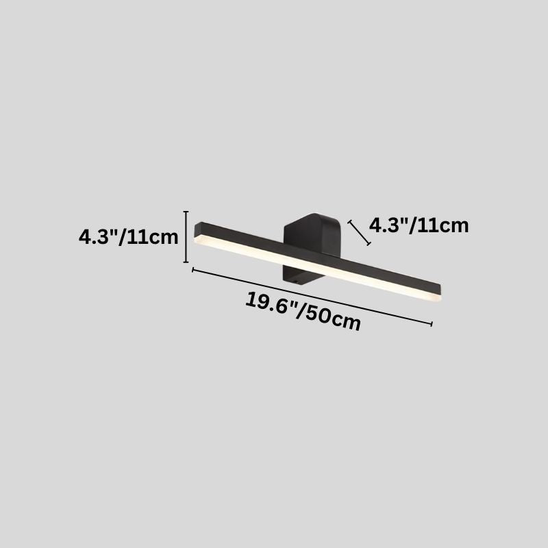 "A modern LED vanity light with labeled dimensions, showcasing its sleek design and 19-inch length."