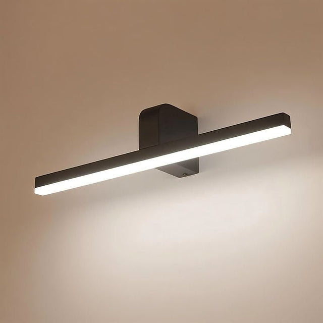 "A modern, linear LED vanity light illuminated, showcasing its sleek design and light output."