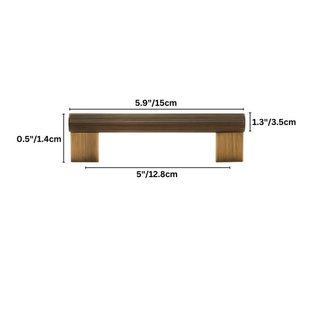 "Dimensions of a modern brass pull bar with a sleek ribbed texture, suitable for cabinet doors, drawers, and wardrobe panels in modern and transitional interiors."