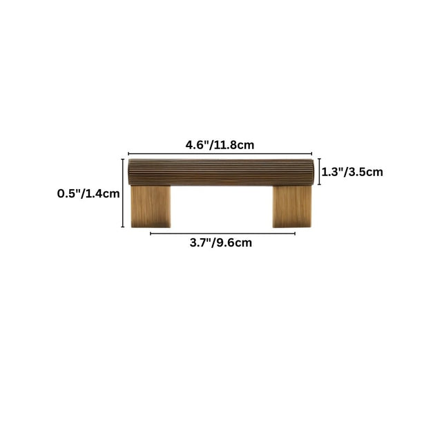 "Dimensions of a modern brass pull bar with a sleek ribbed texture, suitable for cabinet doors, drawers, and wardrobe panels in modern and transitional interiors."