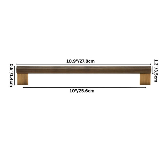 "Dimensions of a modern brass pull bar with a sleek ribbed texture, suitable for cabinet doors, drawers, and wardrobe panels."