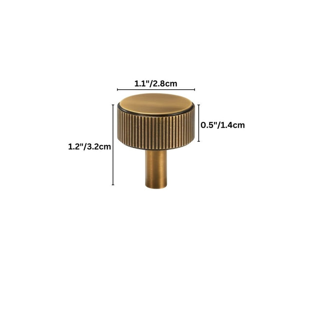 "Dimensions of a modern brass knob with a ribbed texture, suitable for cabinet doors and drawers in modern and transitional interiors."