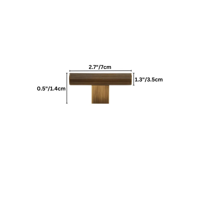 "Dimensions of a modern brass knob with a sleek ribbed texture, suitable for cabinet doors, drawers in modern and transitional interiors."