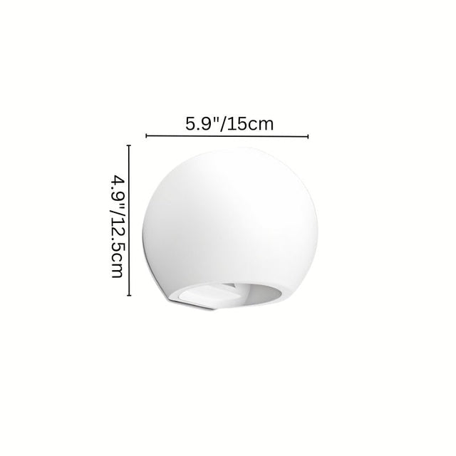 "Dimensions of spherical gypsum and aluminum wall lamp, measuring 5.9” x 4.9” (15cm x 12.5cm), designed for modern lighting."