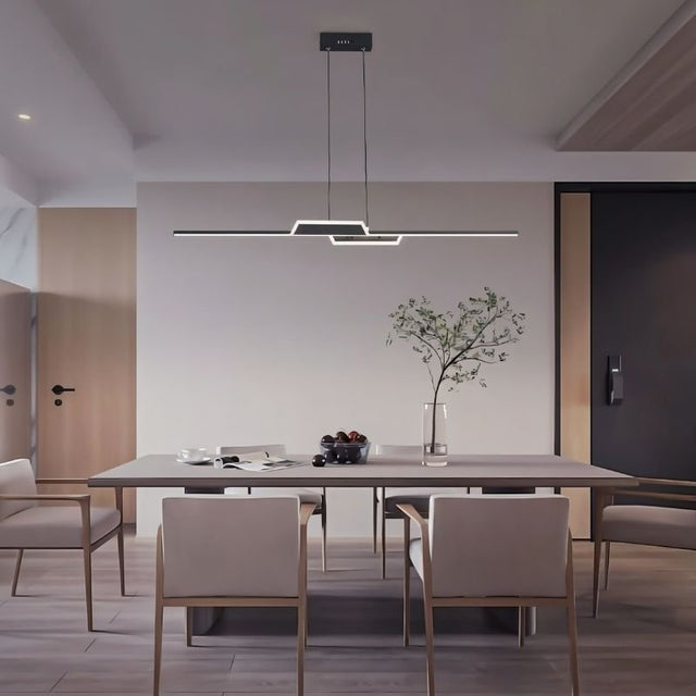 "A linear LED pendant light with a geometric design, suspended above a modern dining table, providing uniform illumination."