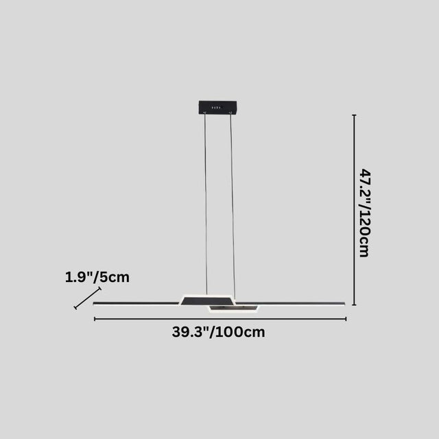 "A diagram showing the dimensions of a linear pendant light, including length, width, and height in inches and centimeters."