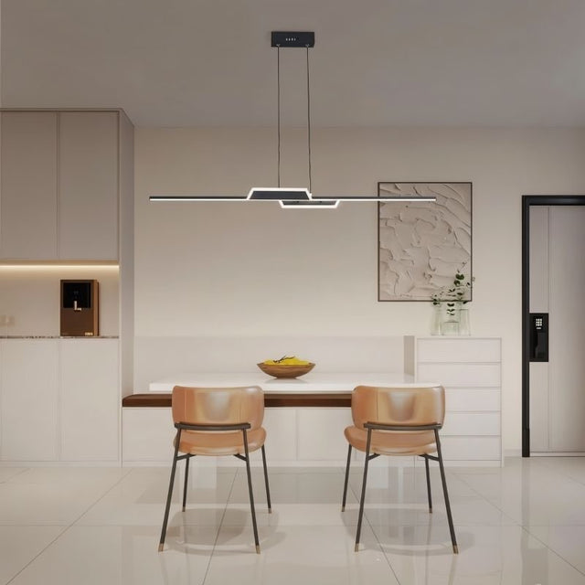 "A minimalist linear pendant light with a geometric design, suspended above a dining area, providing modern and focused illumination."