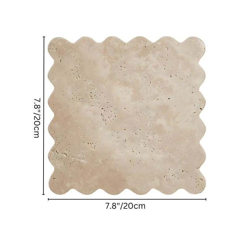 "Diagram showing the dimensions of a square travertine coaster with scalloped edges, measuring 7.8 inches or 20 centimeters on each side."
