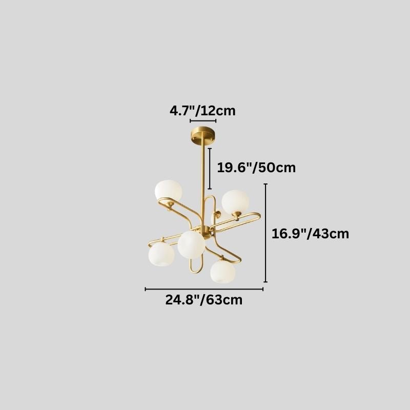 "A 6-light modern chandelier with spherical glass shades and a copper frame, showing product dimensions."