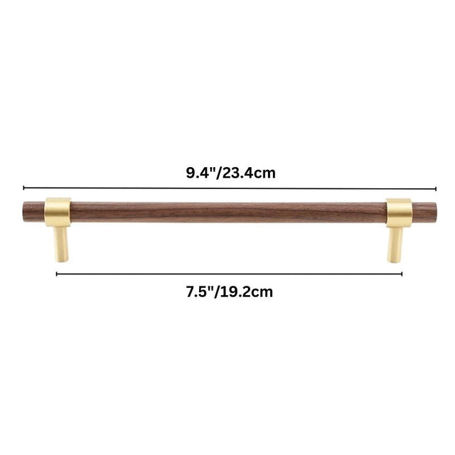 "dark wood pull bar with polished brass details, 23cm length for smaller drawers and doors."