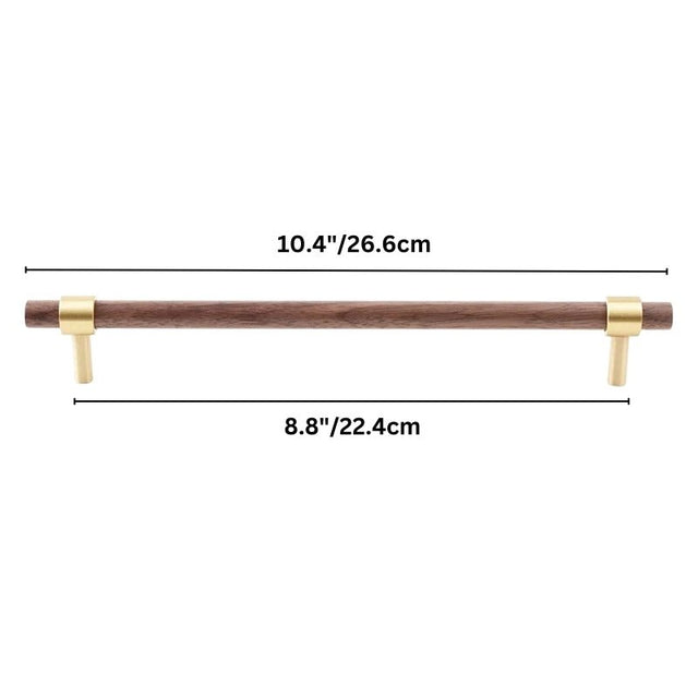 "dark wood pull bar with a 26cm length and brass mounts, suitable for mid-sized cabinetry."