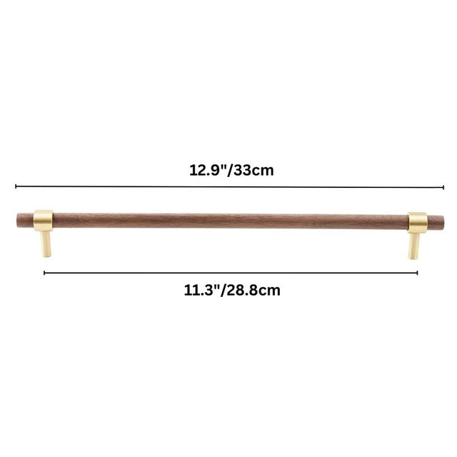 "compact dark wood pull bar with brass accents, 33cm length, suitable for custom installations."