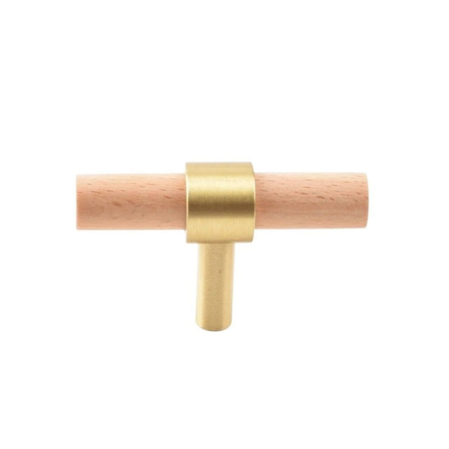 "light wood cabinet knob with a cylindrical design and brass mount, ideal for drawers."