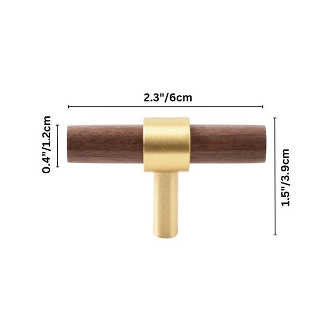 "Dimensions of a dark wood and brass pull bar: 2.3 inches (6 cm) in length, 0.4 inches (1.2 cm) in thickness, and 1.5 inches (3.9 cm) in height."