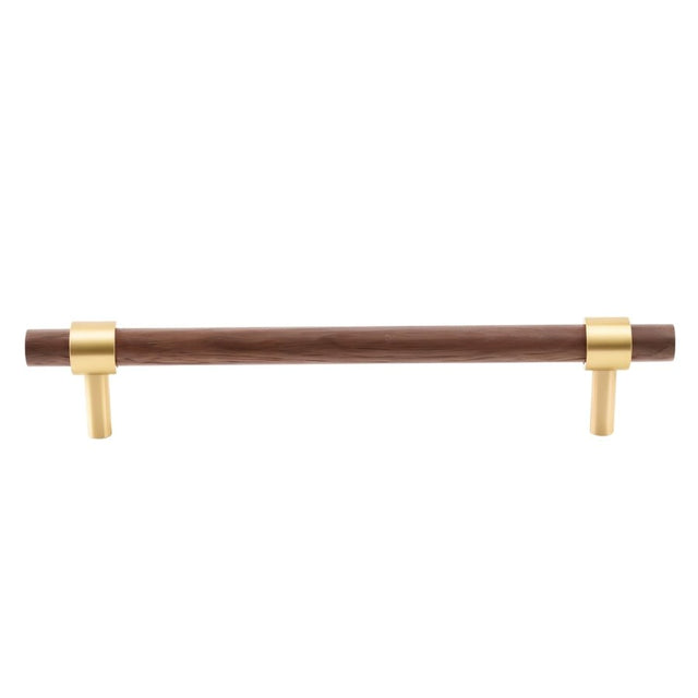 "Dark wood and brass pull bar with cylindrical design, isolated on a white background."