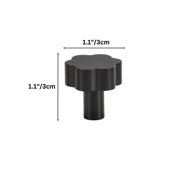 "Dimensions of a black brass floral knob: 1.1 inches (3 cm) width and 1.1 inches (3 cm) height."