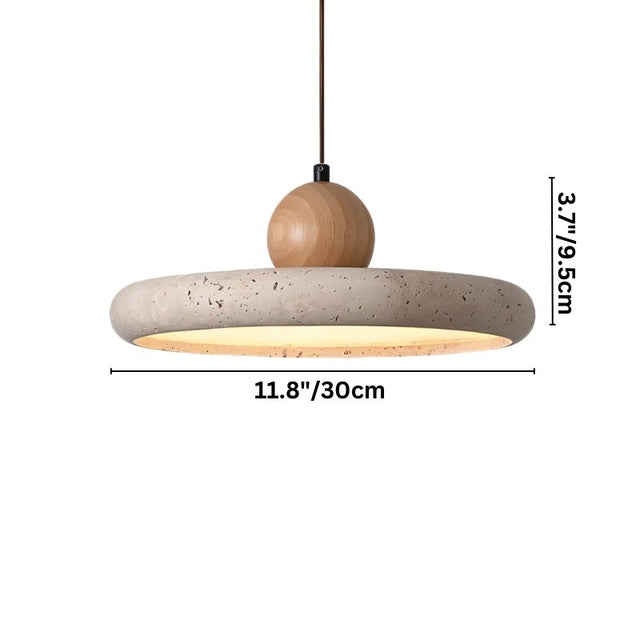 "Dimensions of a modern pendant light with a circular travertine shade and wooden sphere: 11.8 inches in diameter and 3.7 inches in height."