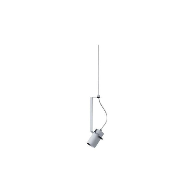 "An oblique pendant light with a grey cylindrical shade, showcasing its minimalist and modern design."